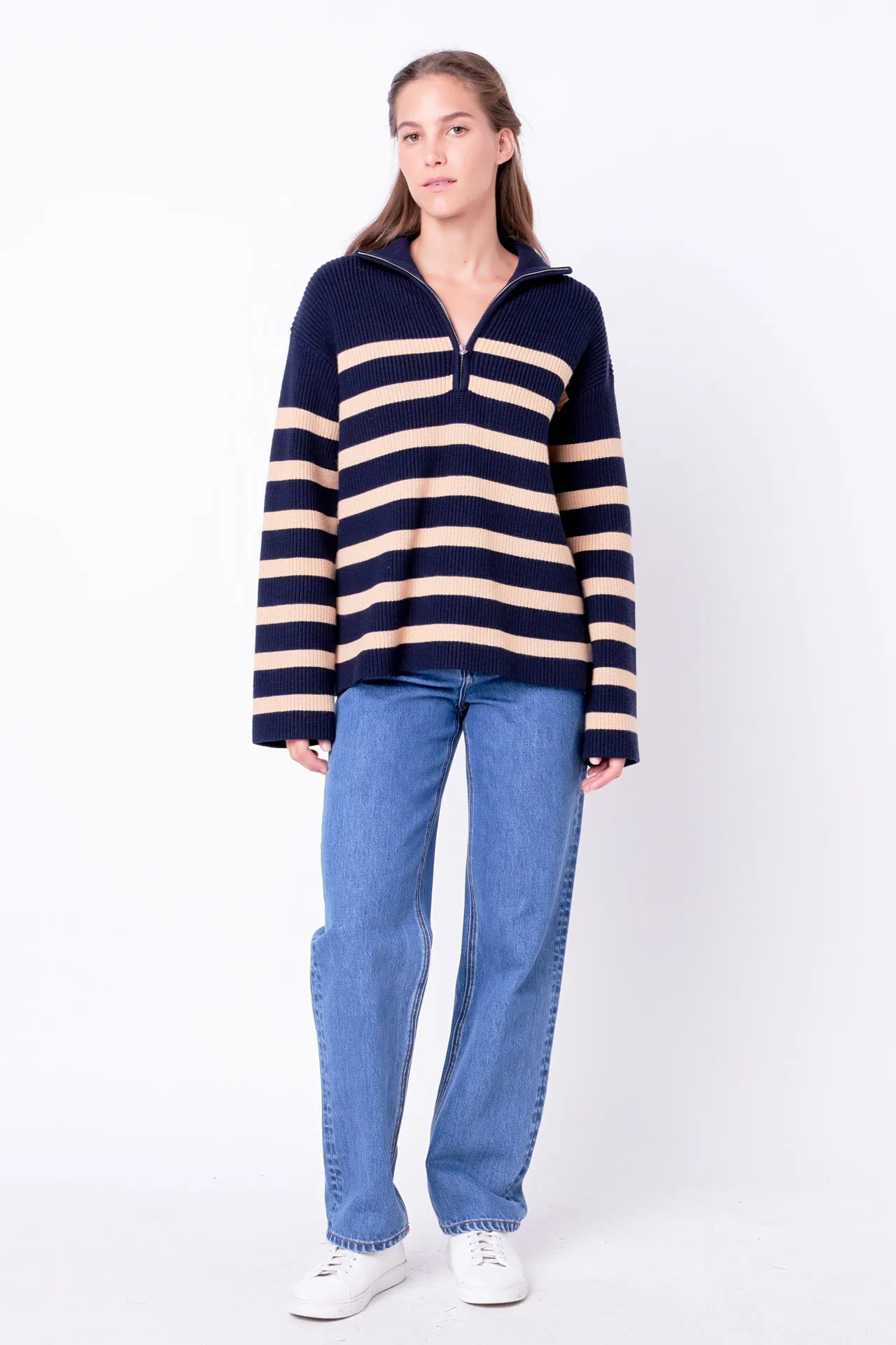 Striped Half-Zip Relaxed Sweater