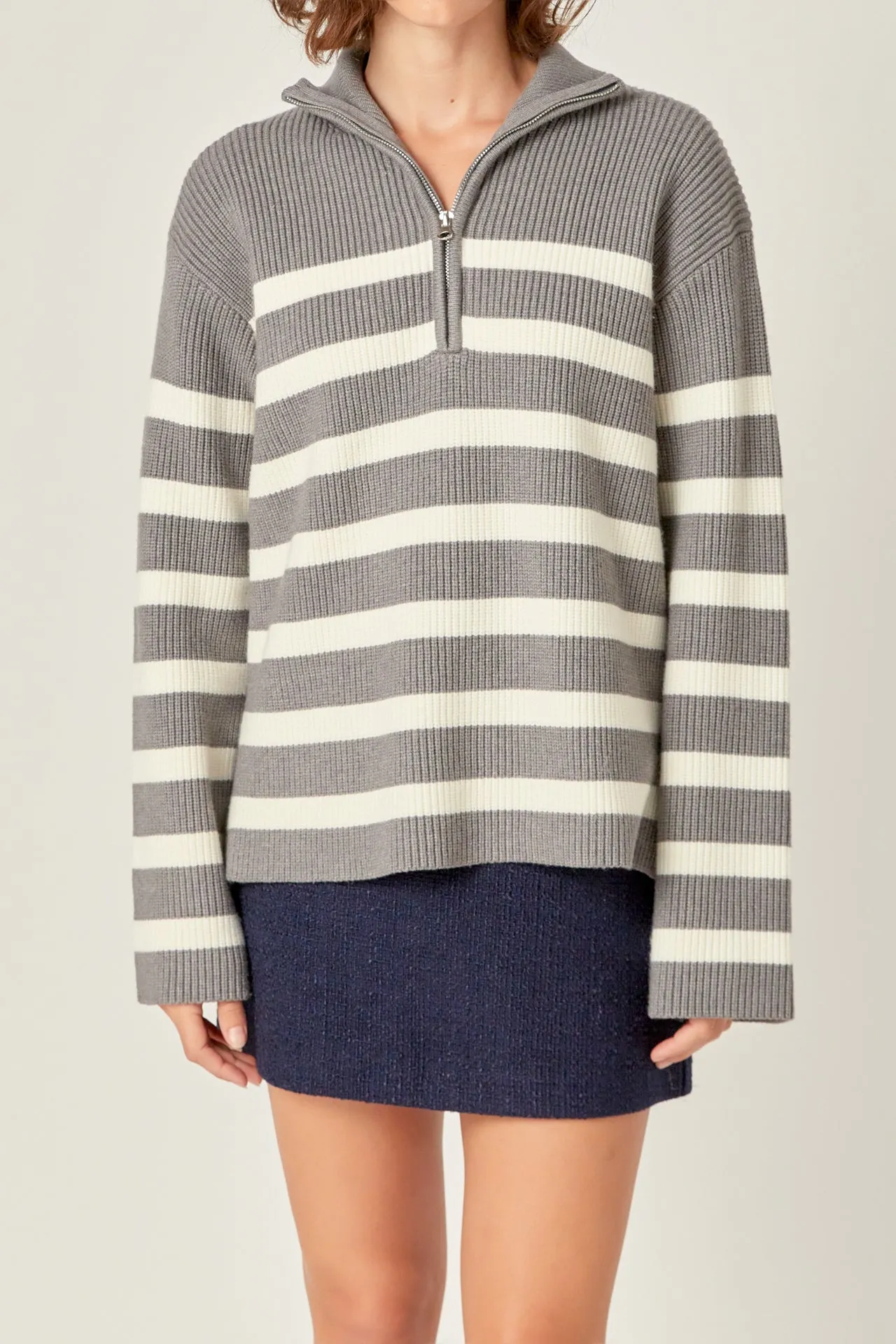 Striped Half-Zip Relaxed Sweater