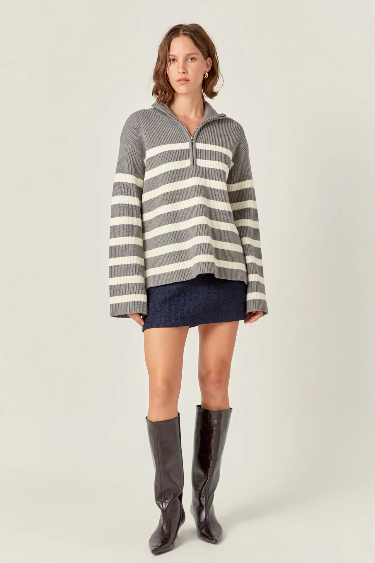 Striped Half-Zip Relaxed Sweater