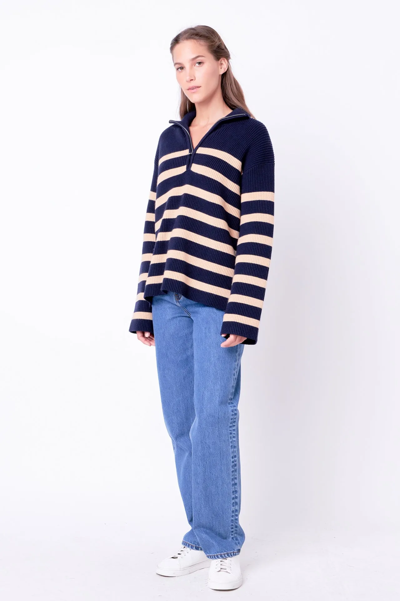 Striped Half-Zip Relaxed Sweater