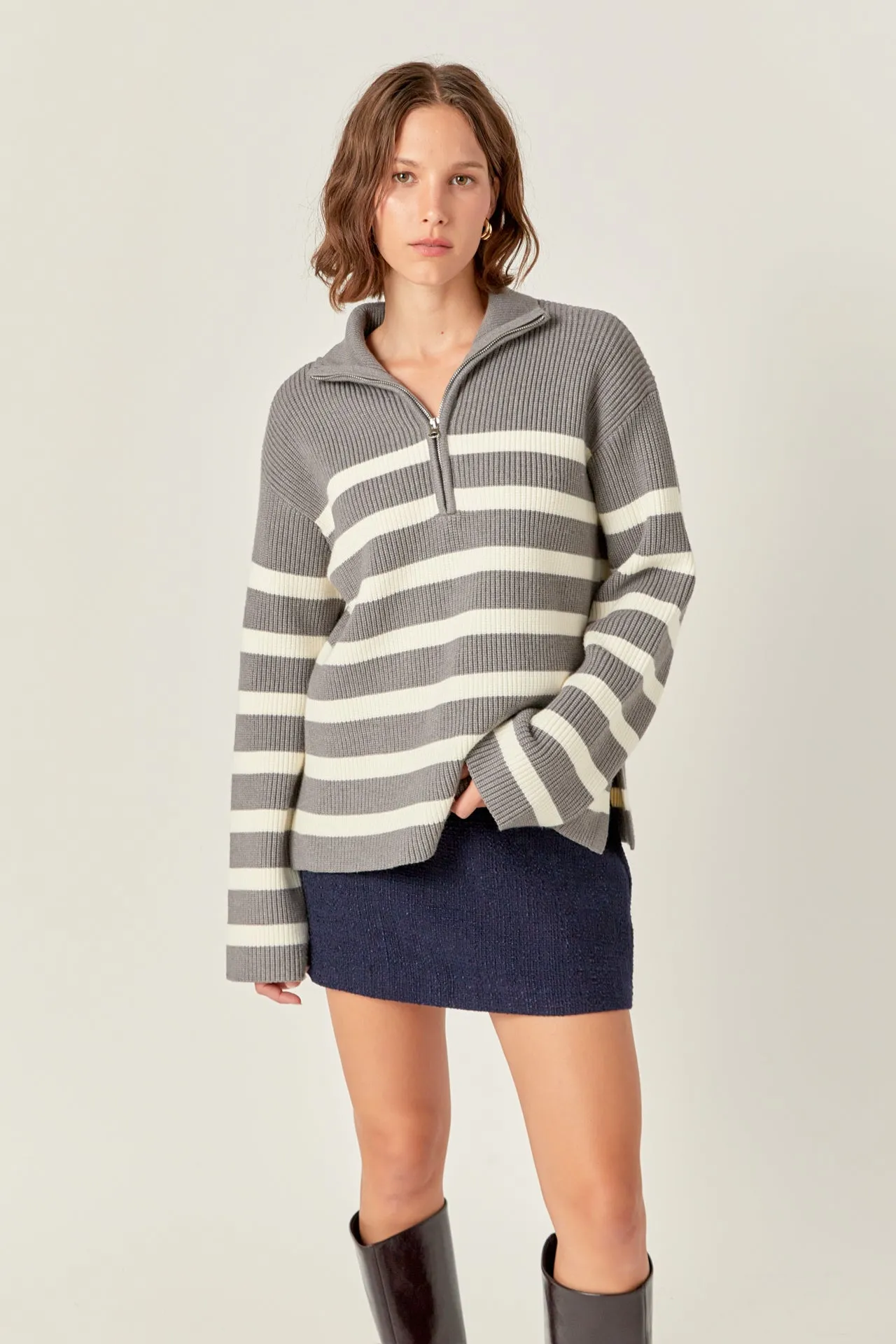 Striped Half-Zip Relaxed Sweater