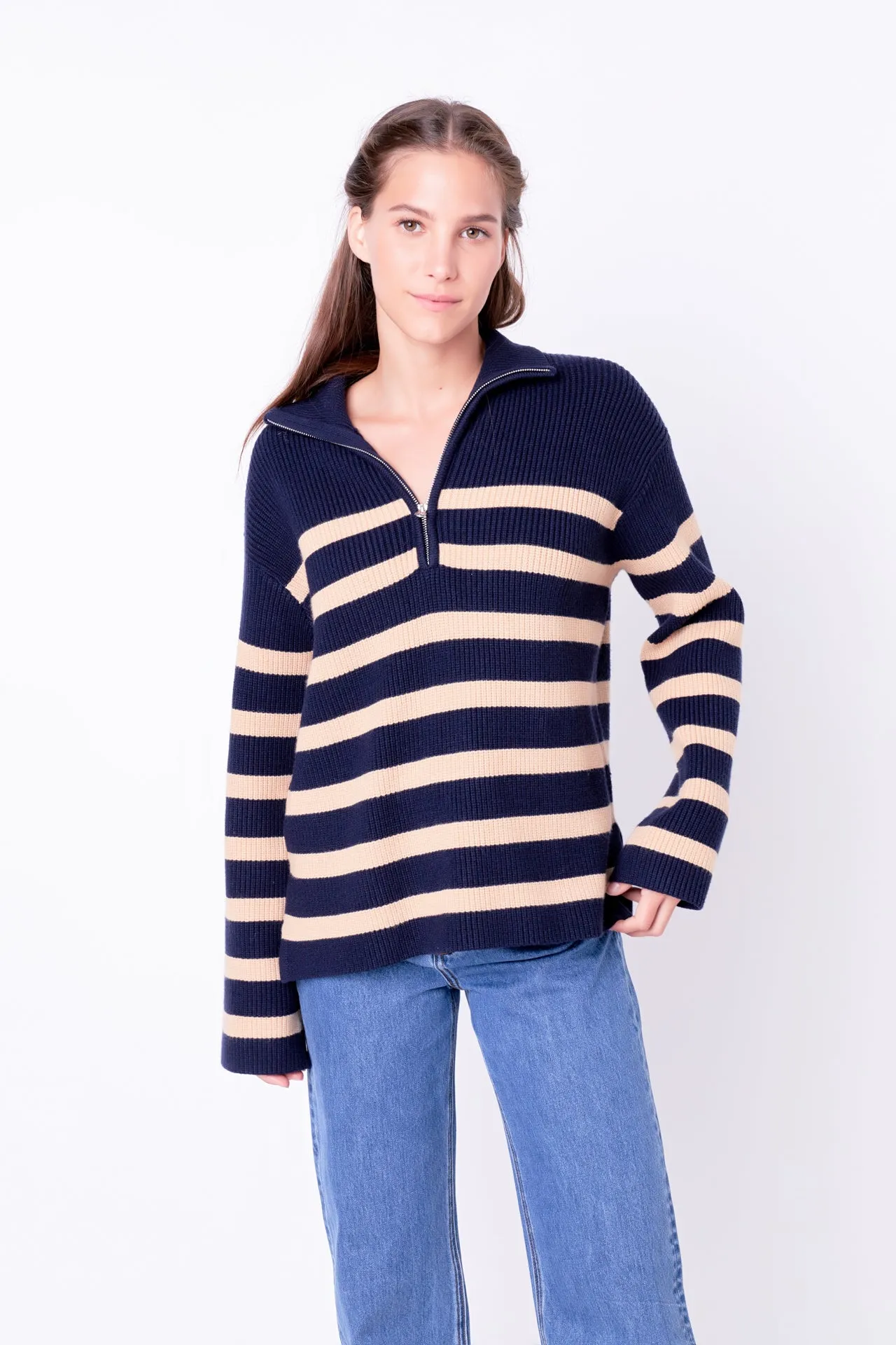 Striped Half-Zip Relaxed Sweater