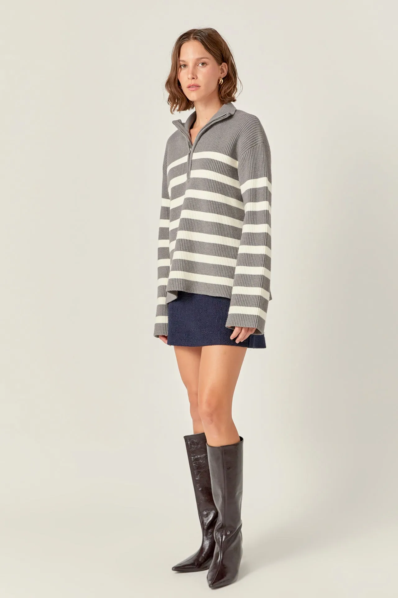 Striped Half-Zip Relaxed Sweater