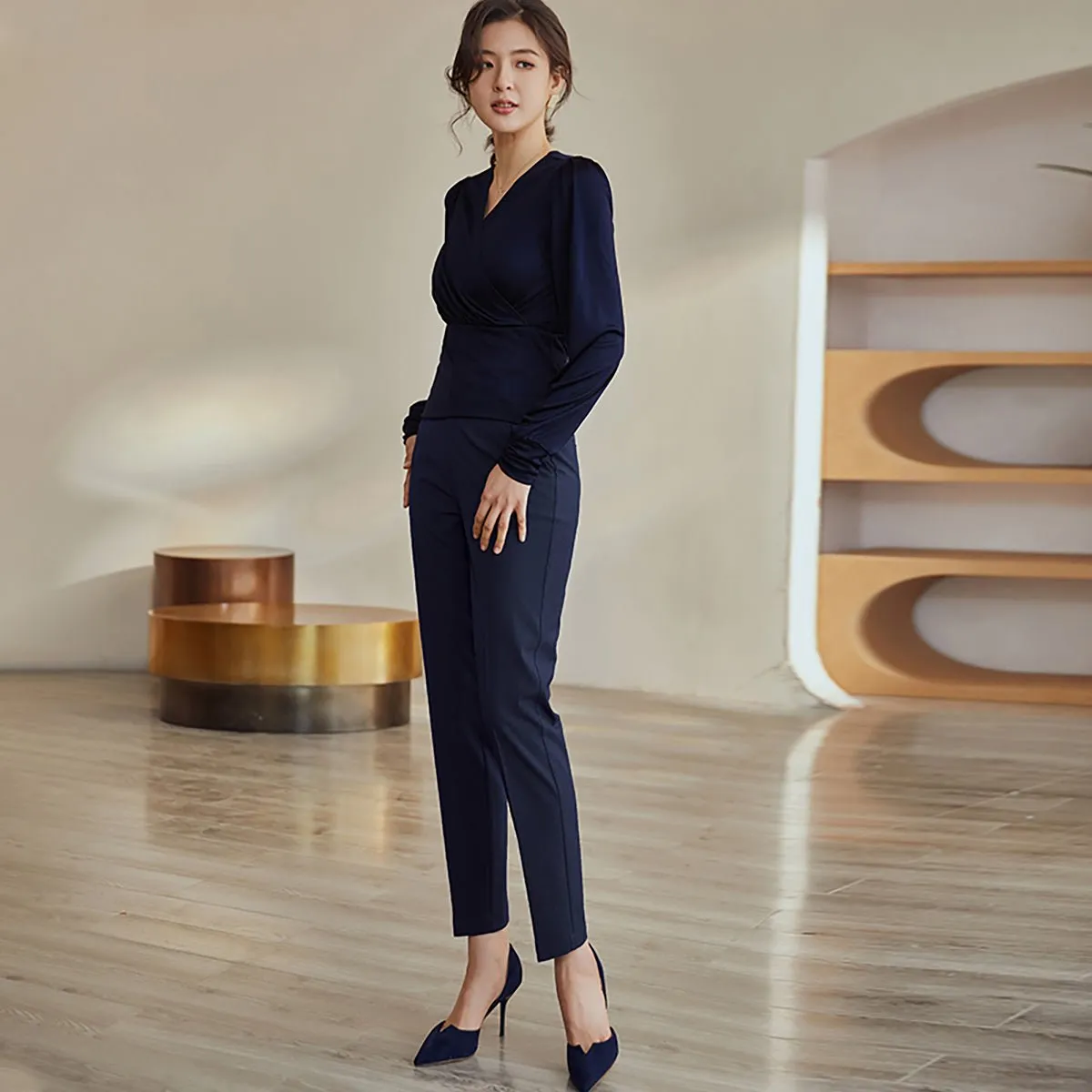 Tailored Navy Mid-Waist Pants